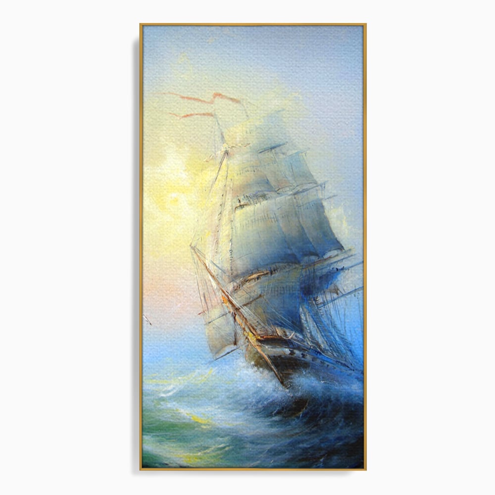 Tablou canvas cu pictura cu vapor pe valuri furtunoase, in rama de aluminiu auriu