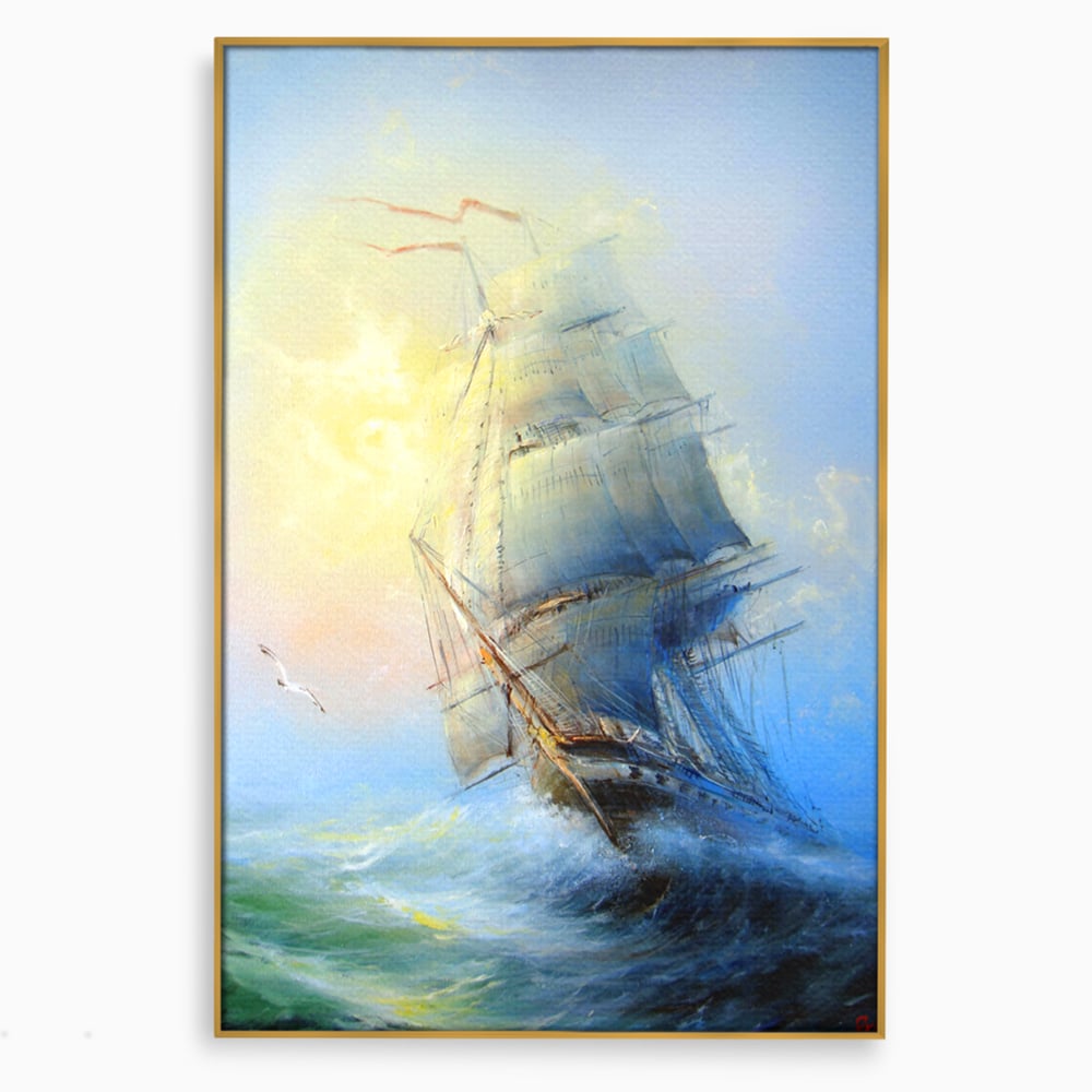 Tablou canvas cu pictura cu vapor pe valuri furtunoase, in rama de aluminiu auriu