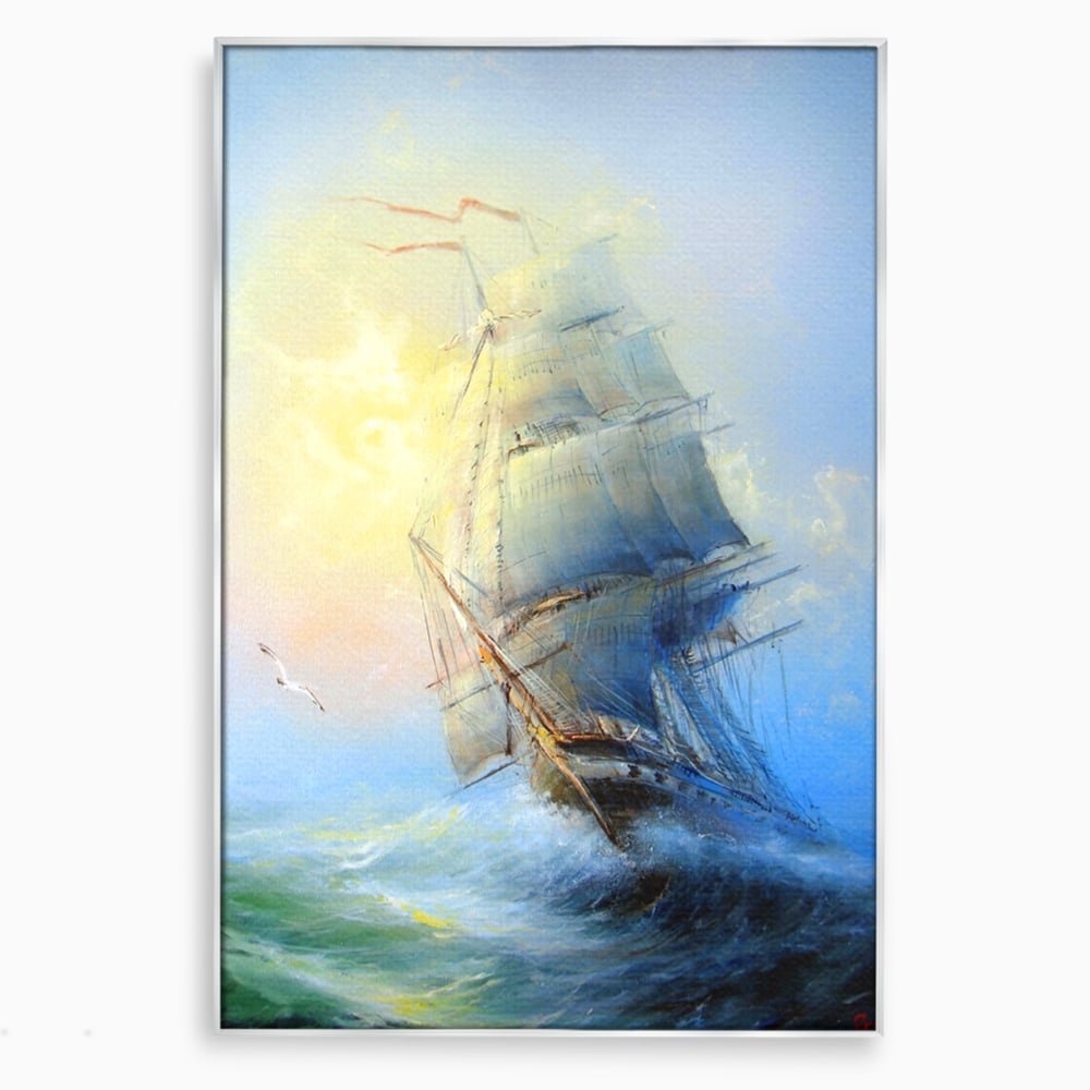 Tablou canvas cu pictura cu vapor pe valuri furtunoase, in rama de aluminiu argintiu