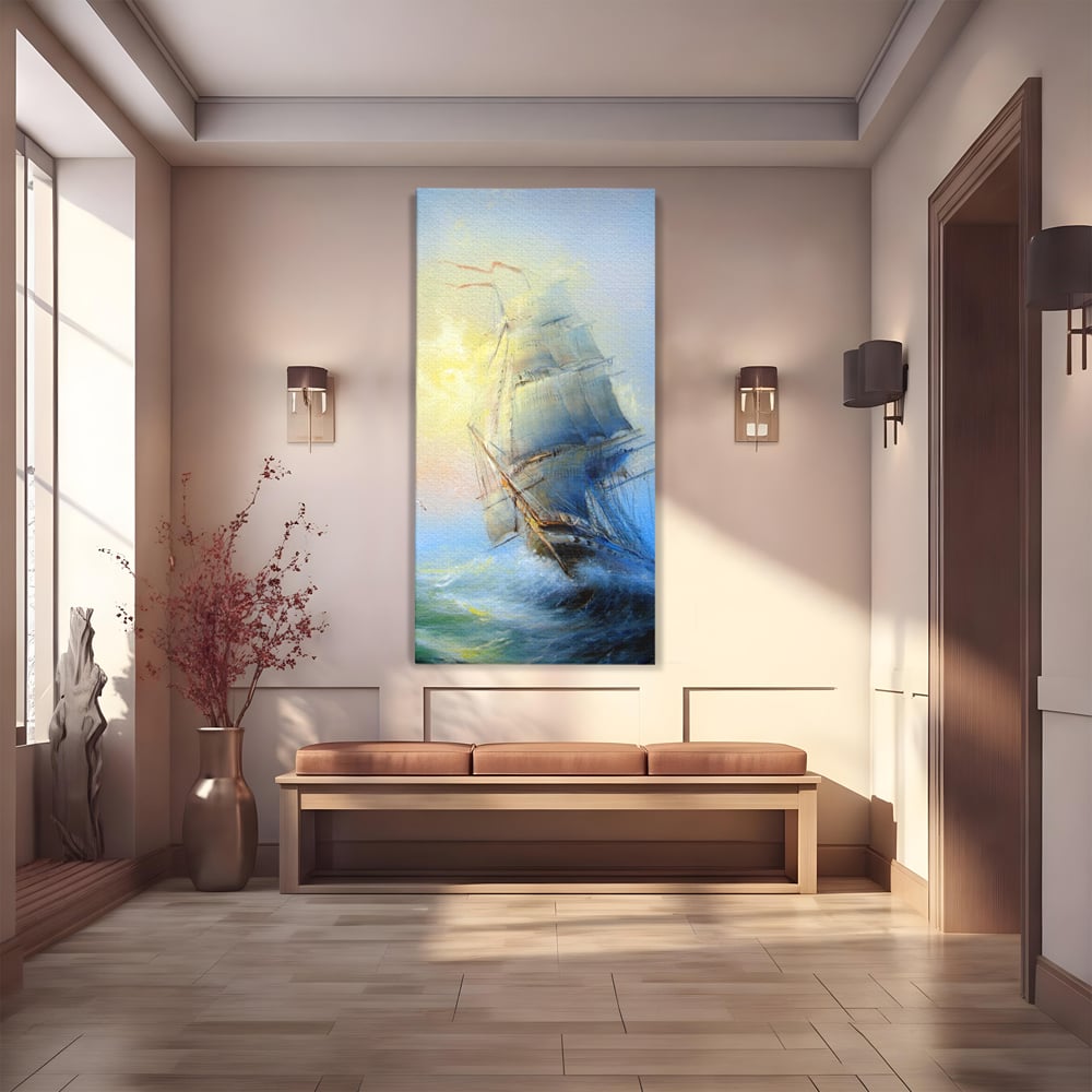 Tablou canvas cu pictura cu vapor pe valuri furtunoase, fara rama, pe sasiu de lemn