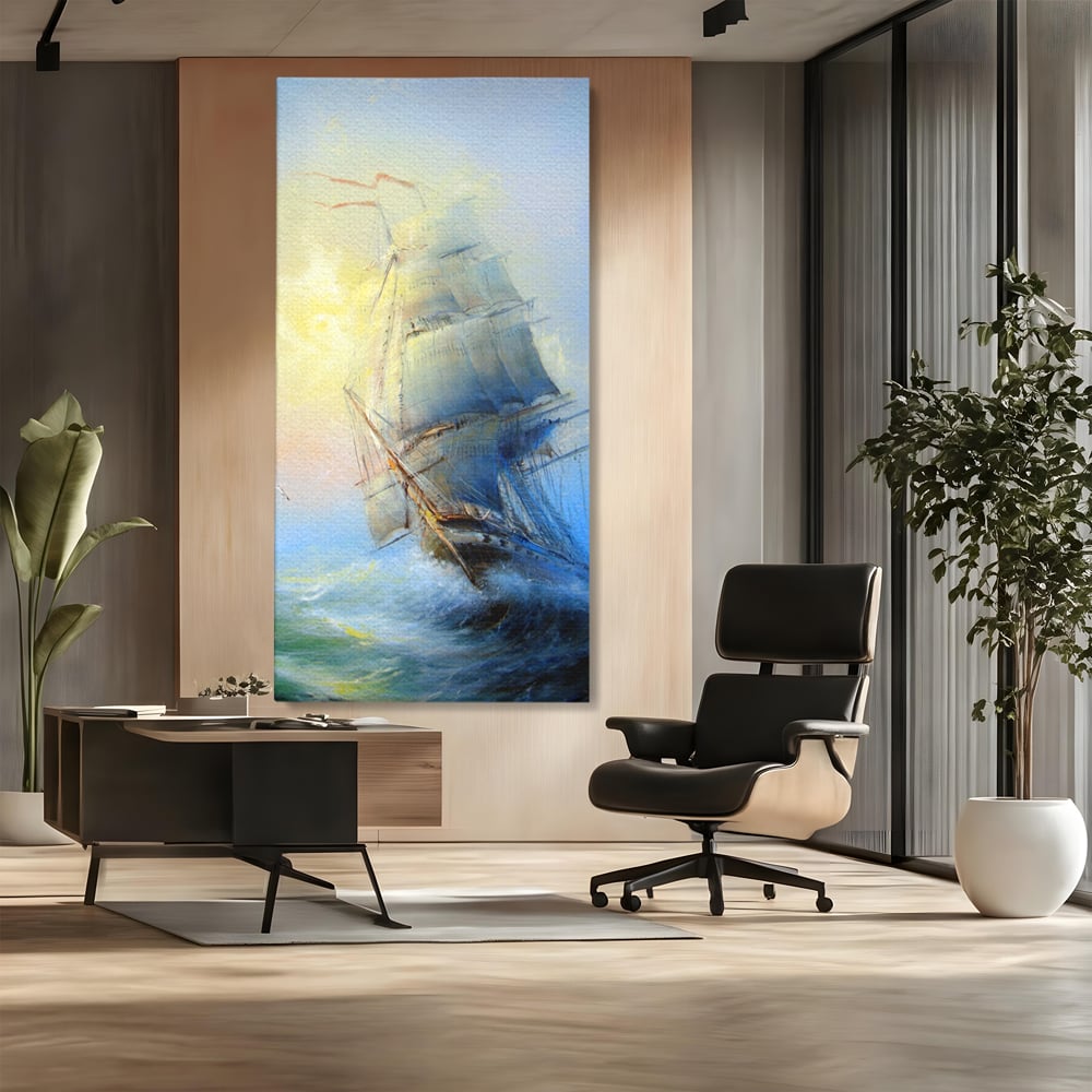 Tablou canvas cu pictura cu vapor pe valuri furtunoase, fara rama, pe sasiu de lemn, pe perete intr-un birou