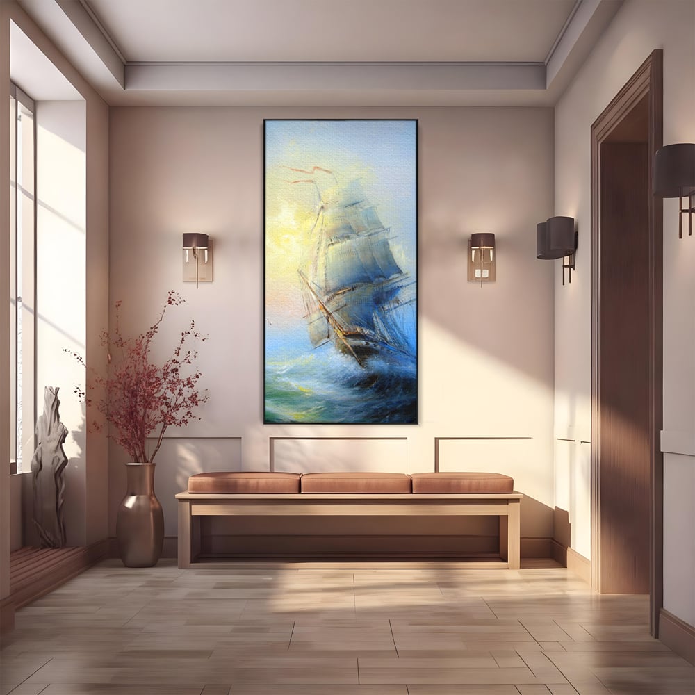 Tablou canvas cu pictura cu vapor pe valuri furtunoase, in rama de aluminiu negru