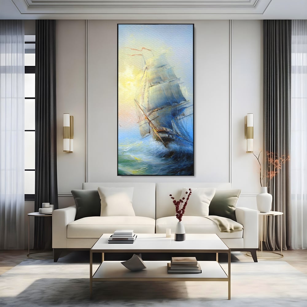 Tablou canvas cu pictura cu vapor pe valuri furtunoase, in rama de aluminiu negru, pe perete intr-un living