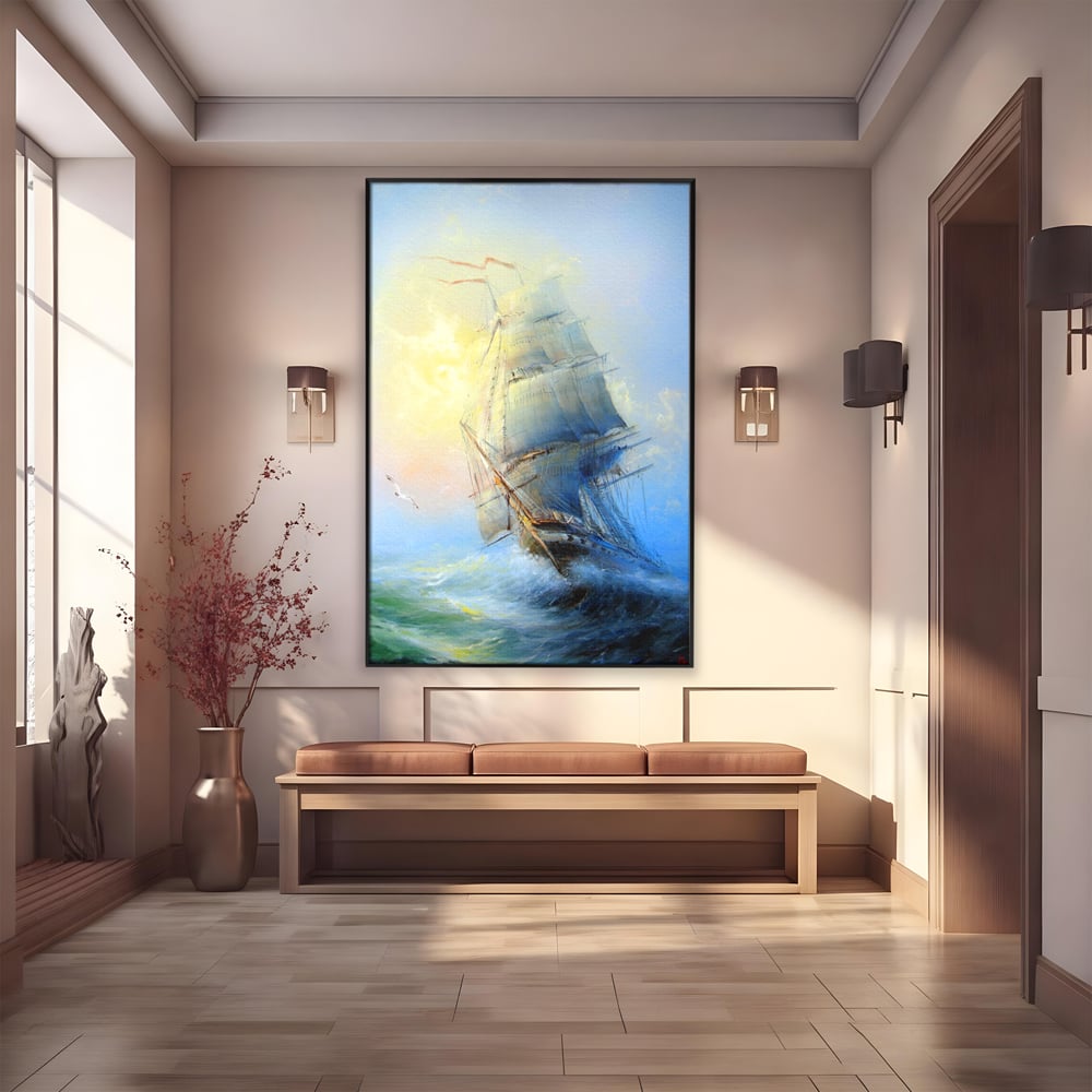 Tablou canvas cu pictura cu vapor pe valuri furtunoase, in rama de aluminiu negru