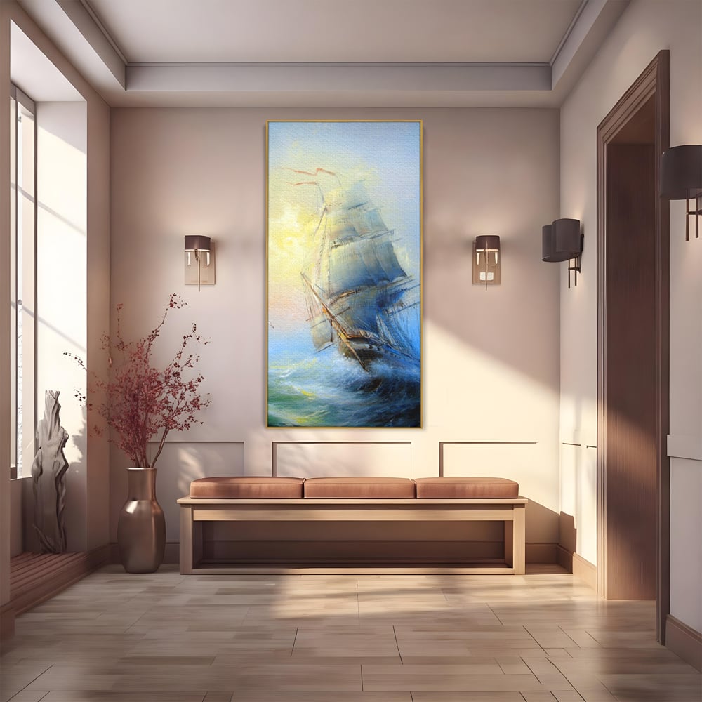 Tablou canvas cu pictura cu vapor pe valuri furtunoase, in rama de aluminiu auriu