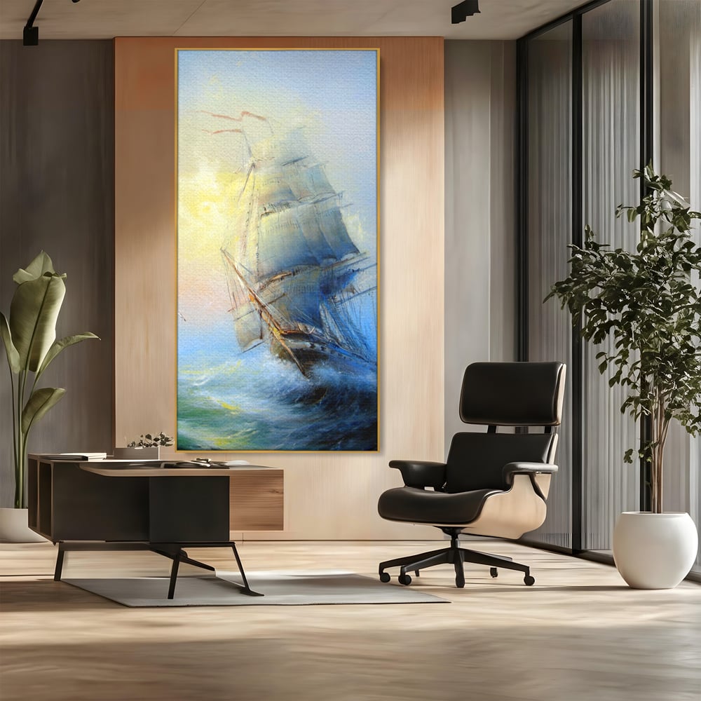 Tablou canvas cu pictura cu vapor pe valuri furtunoase, in rama de aluminiu auriu, pe perete intr-un birou