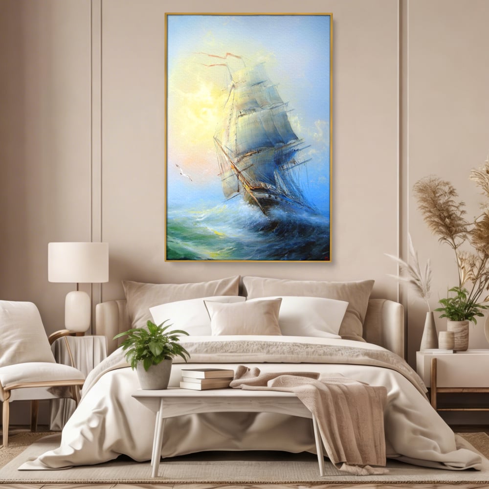 Tablou canvas cu pictura cu vapor pe valuri furtunoase, in rama de aluminiu auriu, pe perete intr-un dormitor