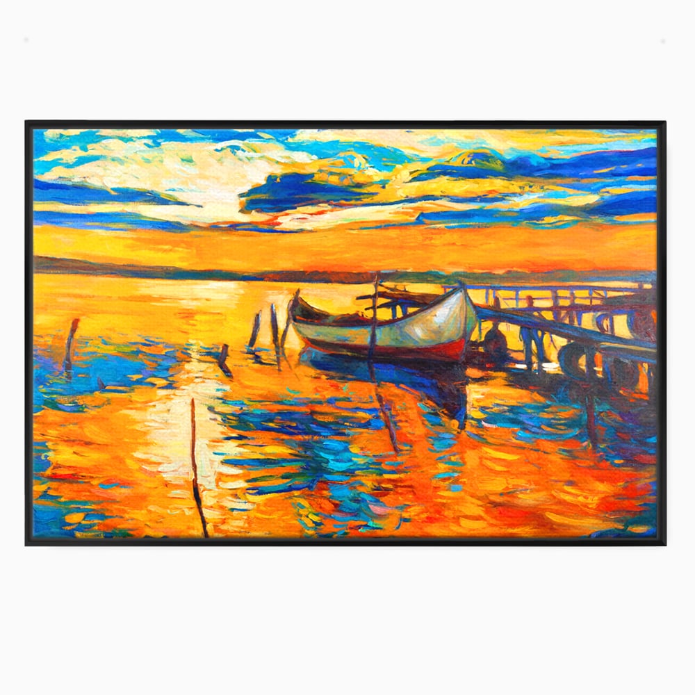 Tablou canvas cu pictura cu barca la apus, in rama de aluminiu negru