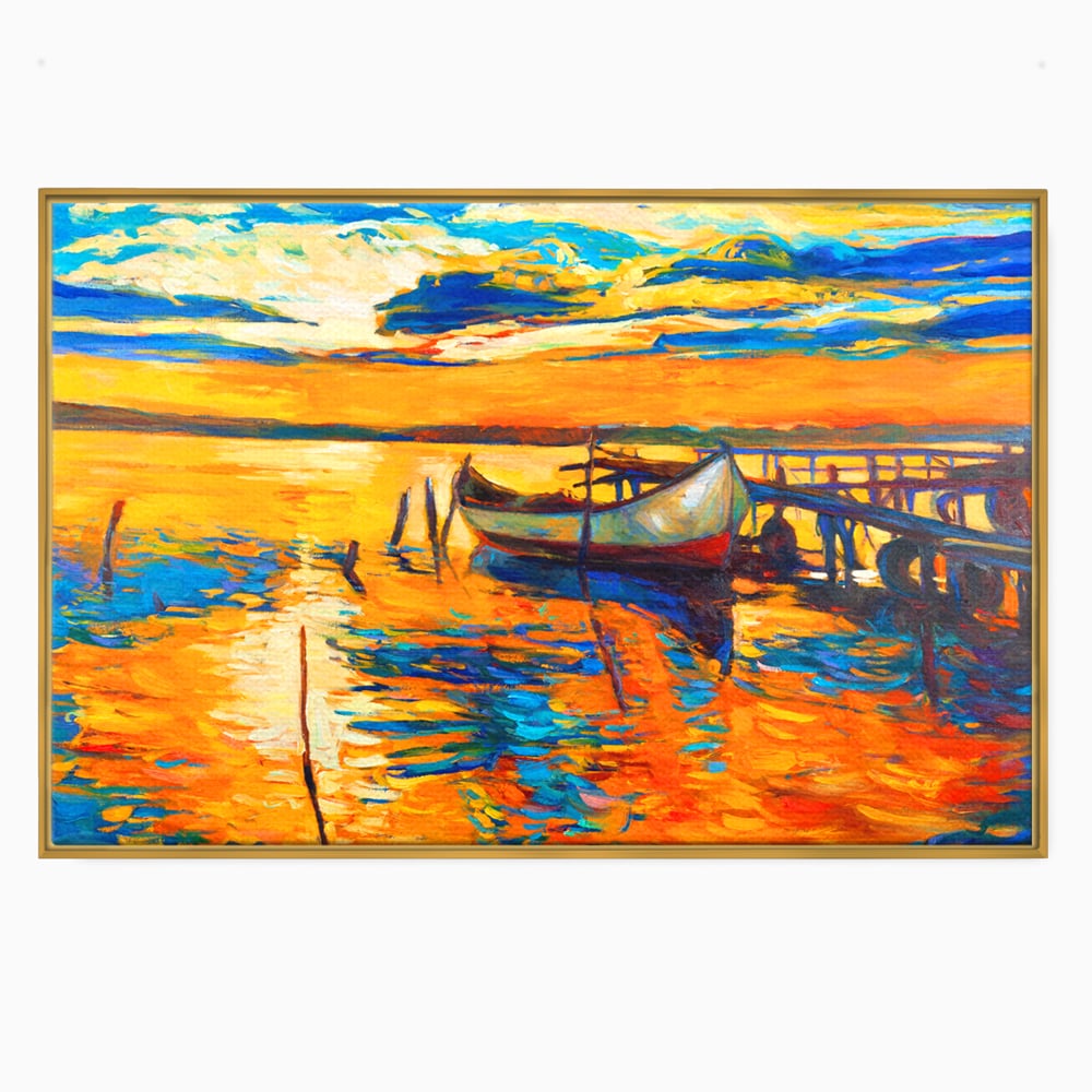 Tablou canvas cu pictura cu barca la apus, in rama de aluminiu auriu