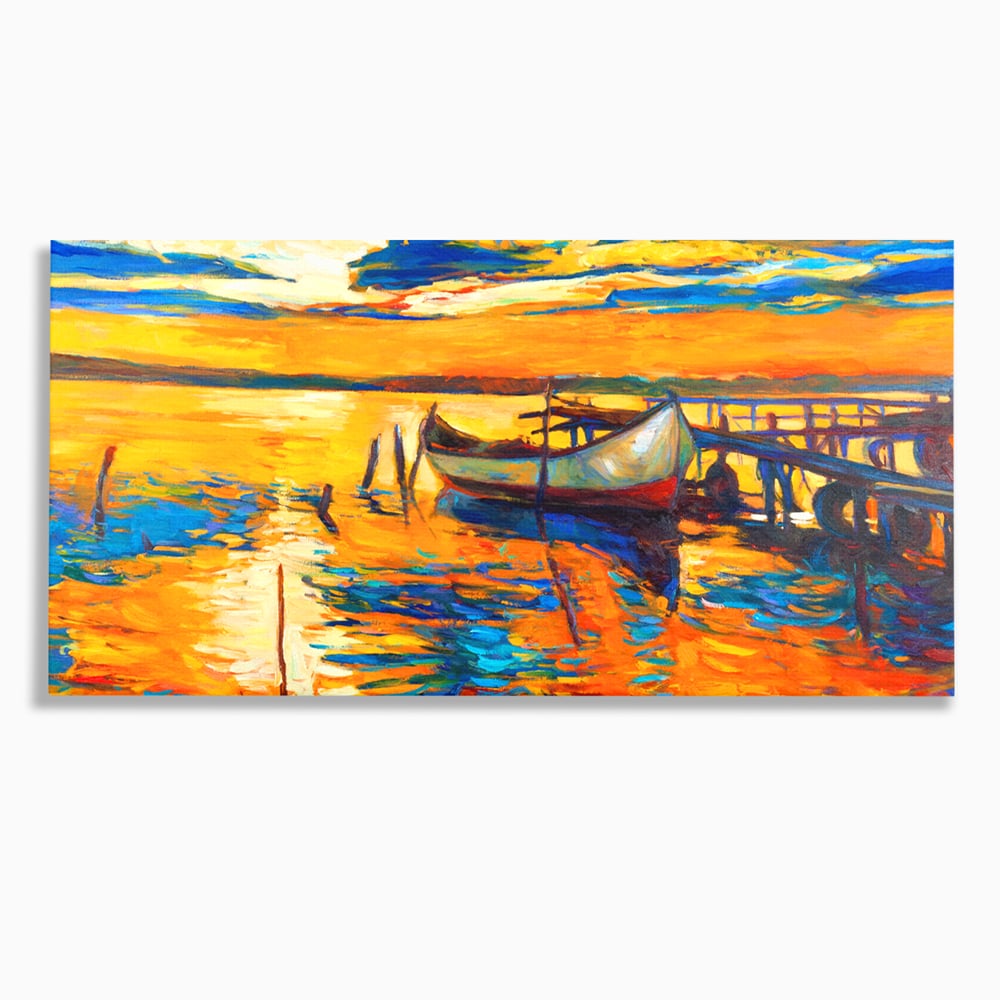 Tablou canvas cu pictura cu barca la apus, fara rama, pe sasiu de lemn