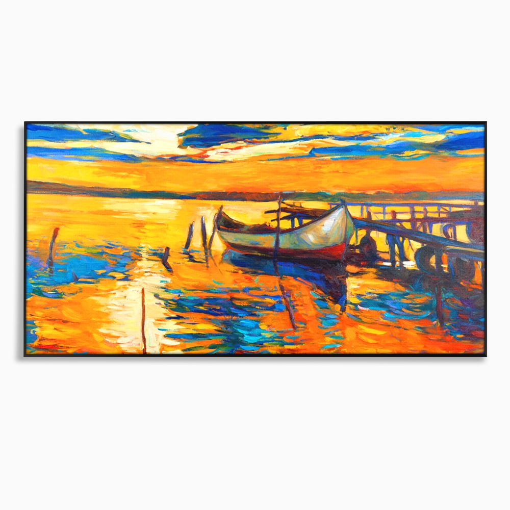 Tablou canvas cu pictura cu barca la apus, in rama de aluminiu negru