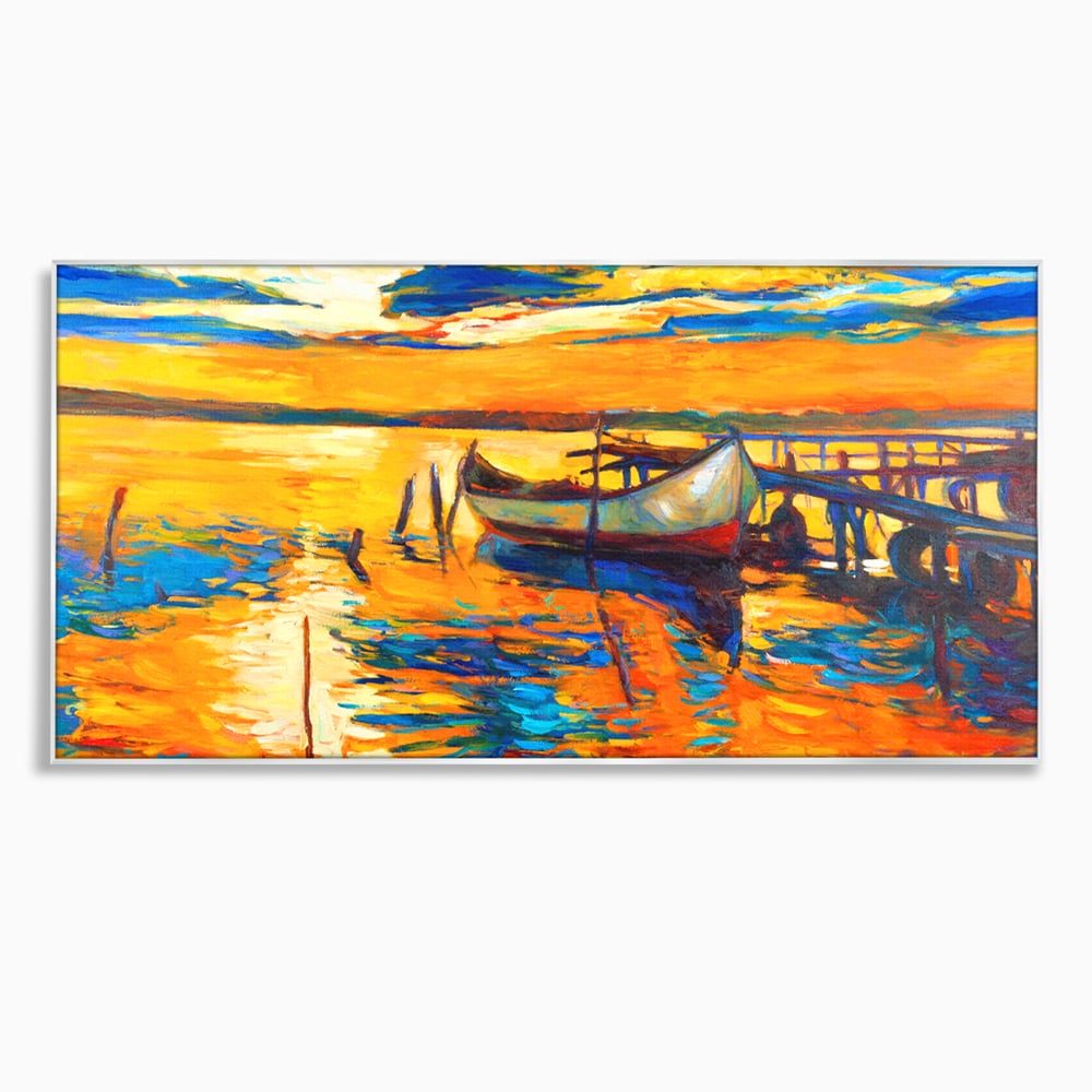 Tablou canvas cu pictura cu barca la apus, in rama de aluminiu argintiu