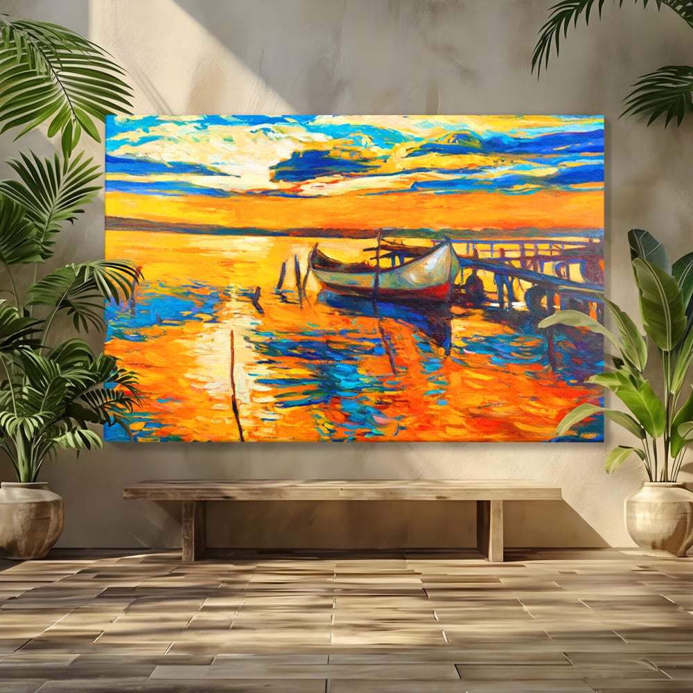 Tablou canvas cu pictura cu barca la apus, fara rama, pe sasiu de lemn
