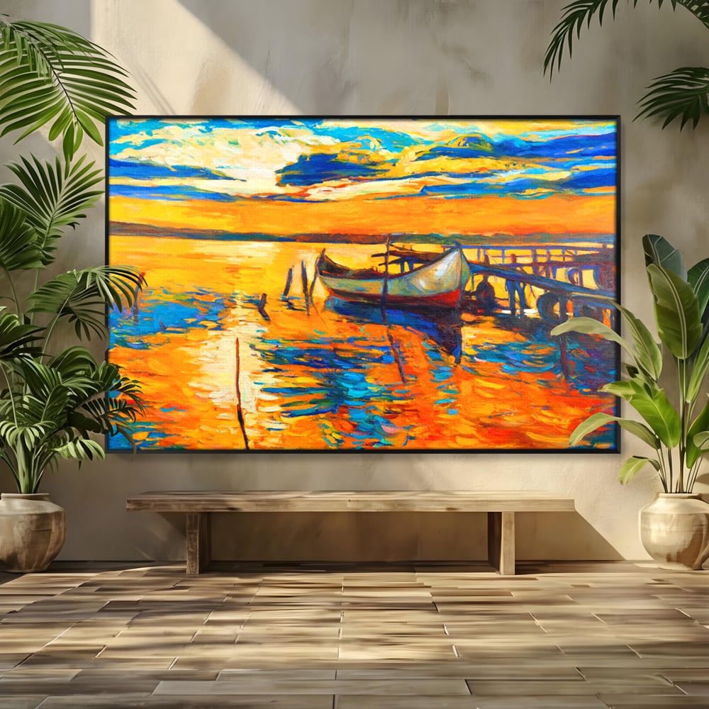 Tablou canvas cu pictura cu barca la apus, in rama de aluminiu negru