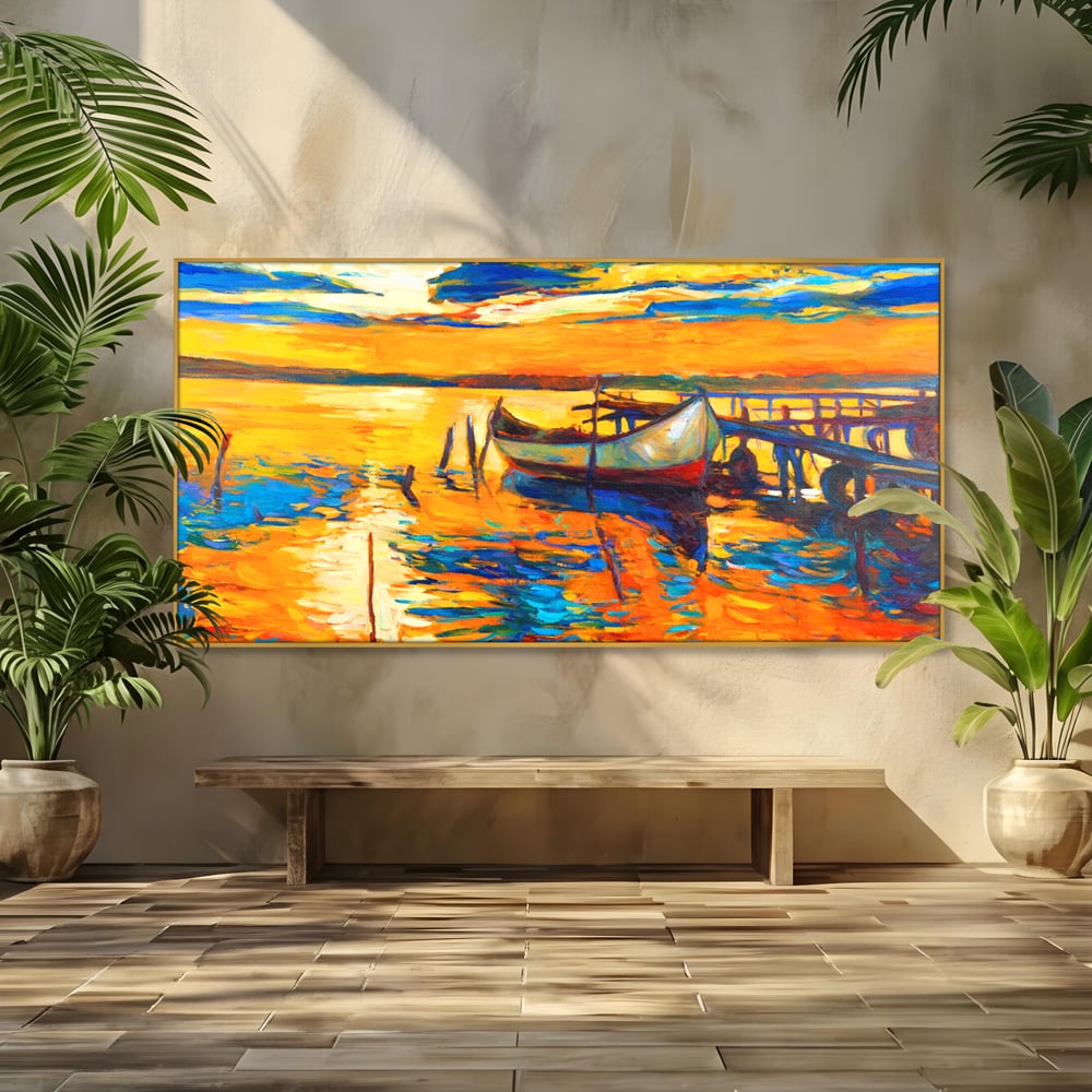 Tablou canvas cu pictura cu barca la apus, in rama de aluminiu auriu