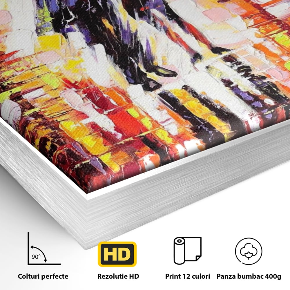 Detaliu al suprafetei: tablou canvas cu cuplu sub umbrela, in rama de aluminiu argintiu