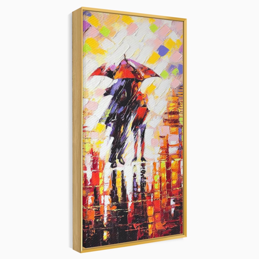 Tablou canvas cu tablou canvas cu cuplu sub umbrela, in rama de aluminiu auriu
