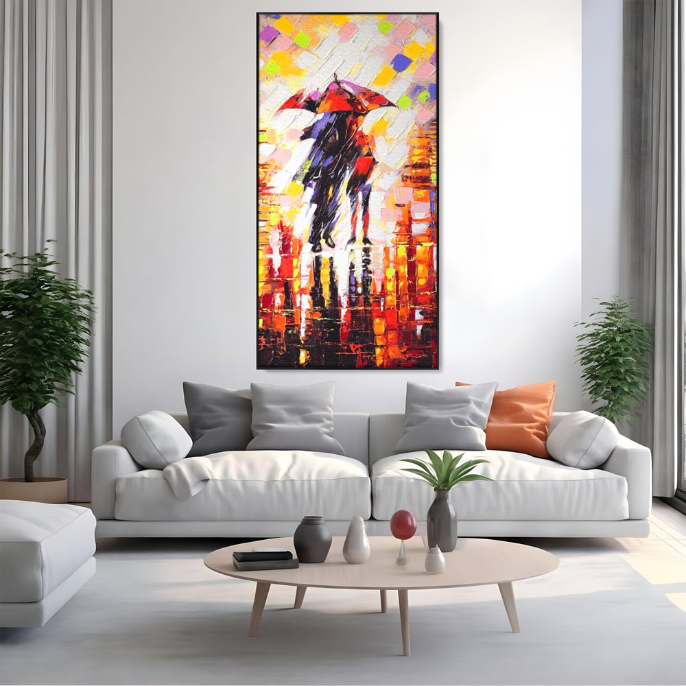Tablou canvas cu tablou canvas cu cuplu sub umbrela, in rama de aluminiu negru, pe perete intr-un living