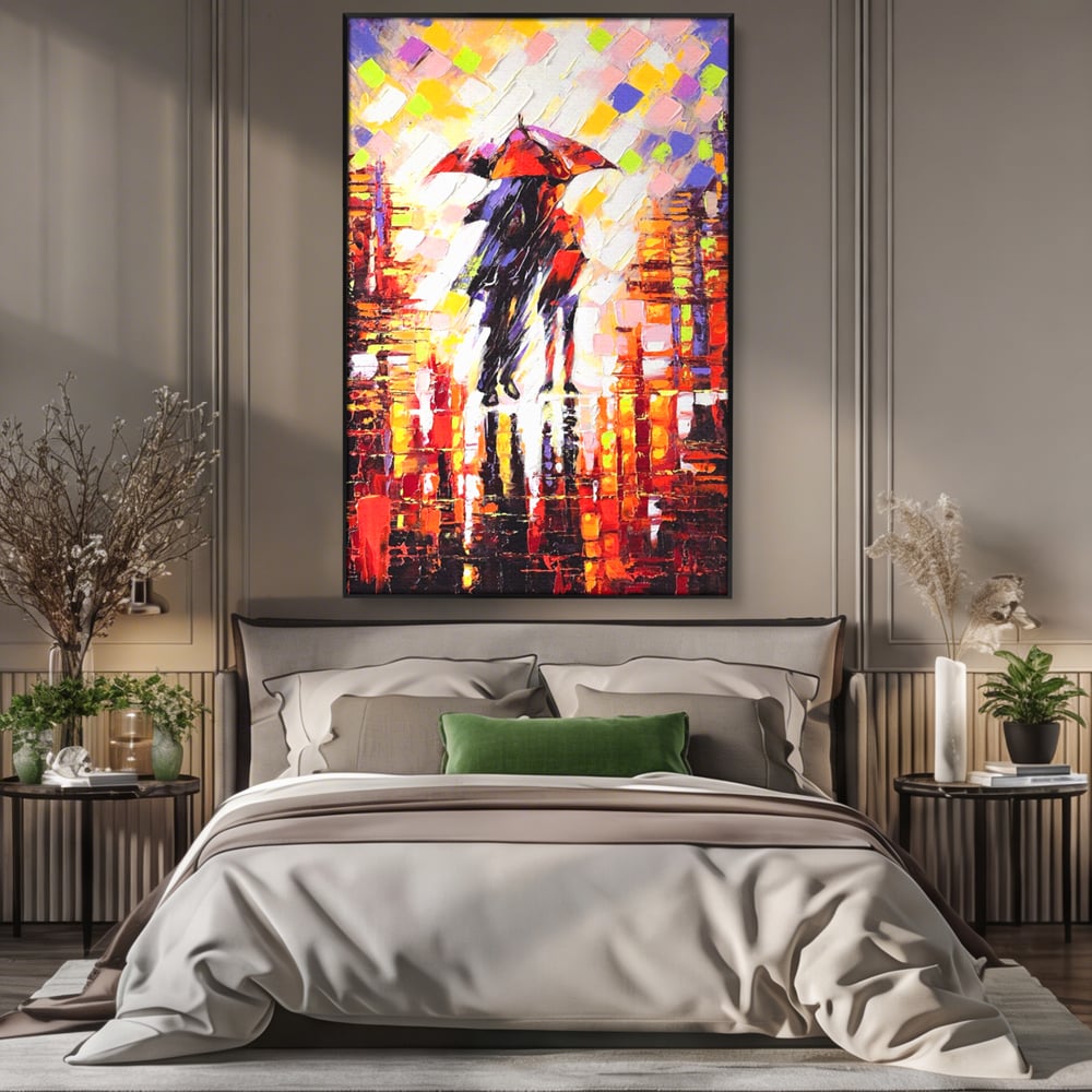Tablou canvas cu tablou canvas cu cuplu sub umbrela, in rama de aluminiu negru, pe perete intr-un dormitor