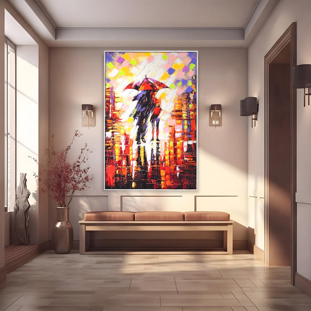 Tablou canvas cu tablou canvas cu cuplu sub umbrela, in rama de aluminiu argintiu