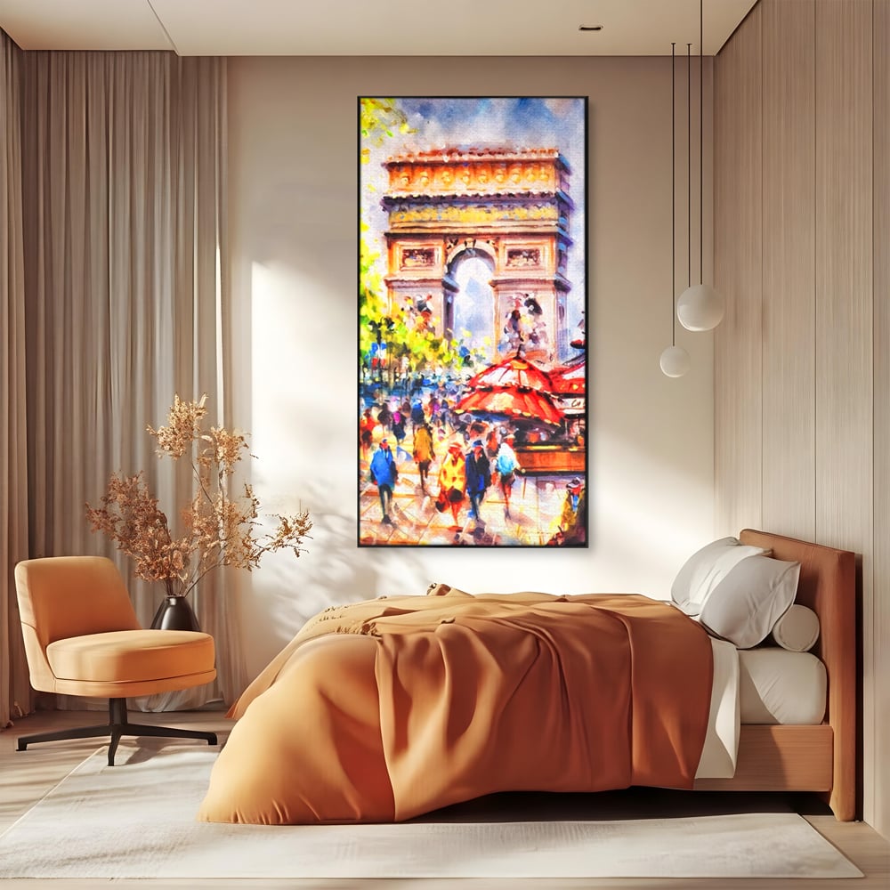 Tablou canvas cu tablou canvas cu arcul de triumf, in rama de aluminiu negru, pe perete intr-un dormitor