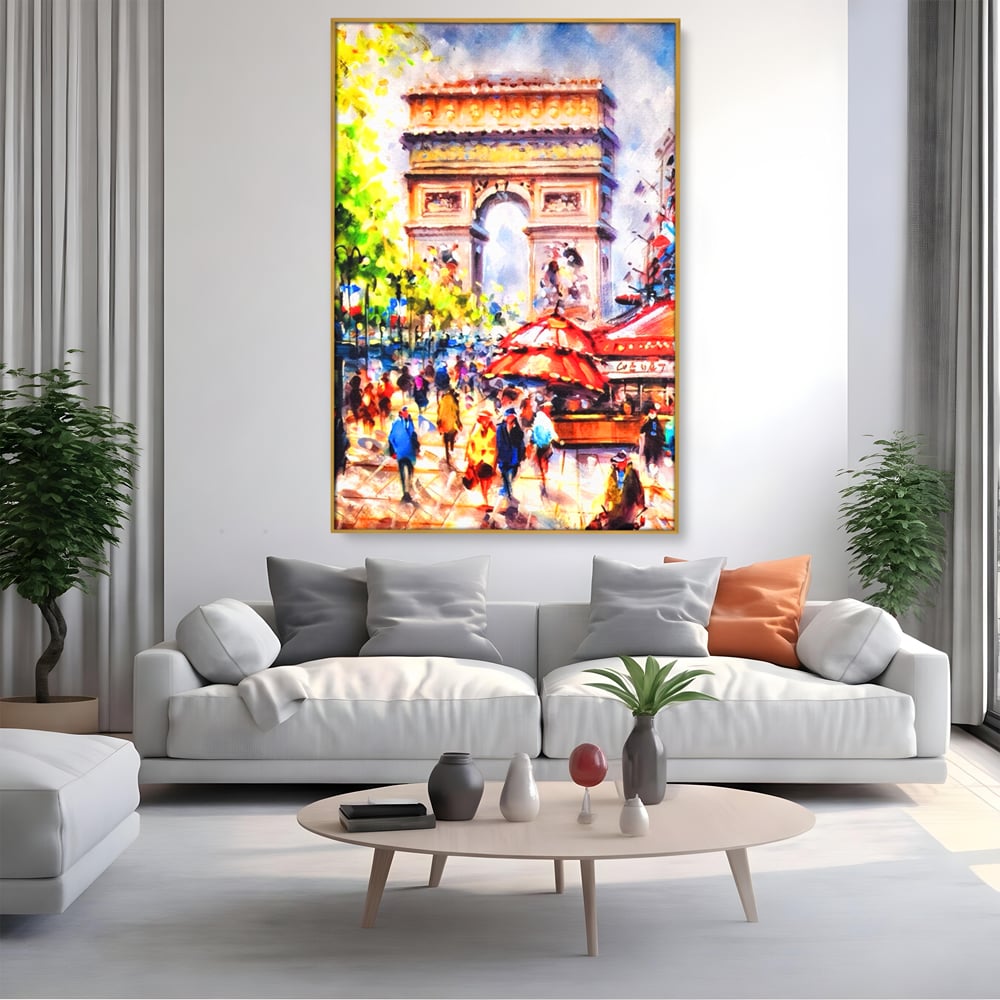 Tablou canvas cu tablou canvas cu arcul de triumf, in rama de aluminiu auriu, pe perete intr-un living