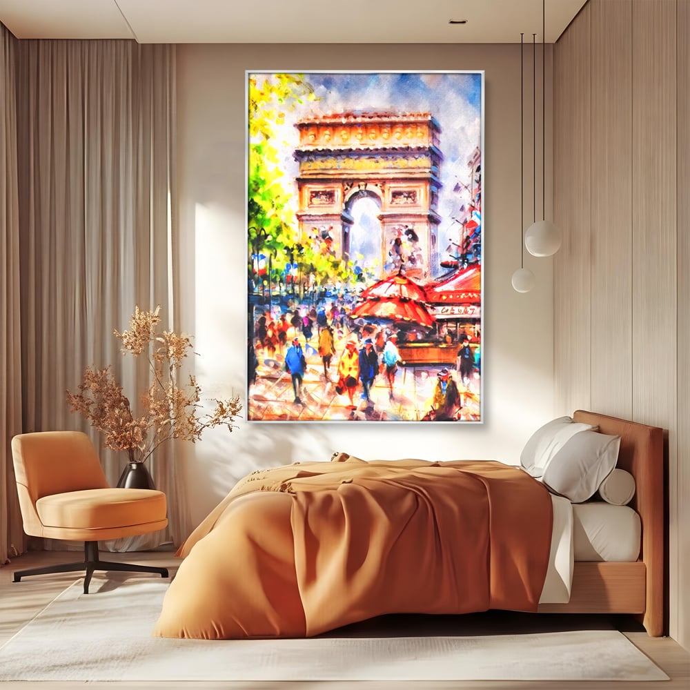 Tablou canvas cu tablou canvas cu arcul de triumf, in rama de aluminiu argintiu, pe perete intr-un dormitor