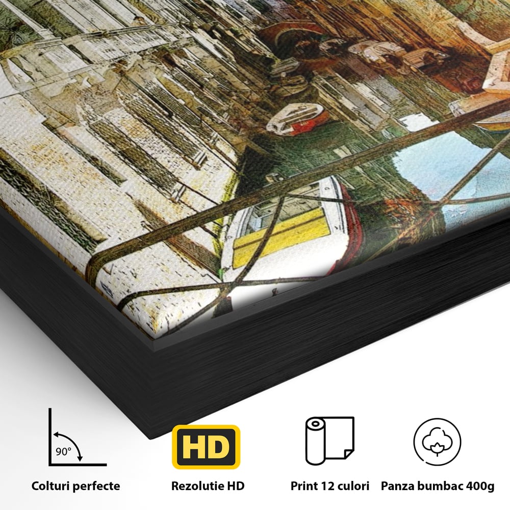 Detaliu al suprafetei: tablou canvas cu peisaj venetian, in rama de aluminiu negru