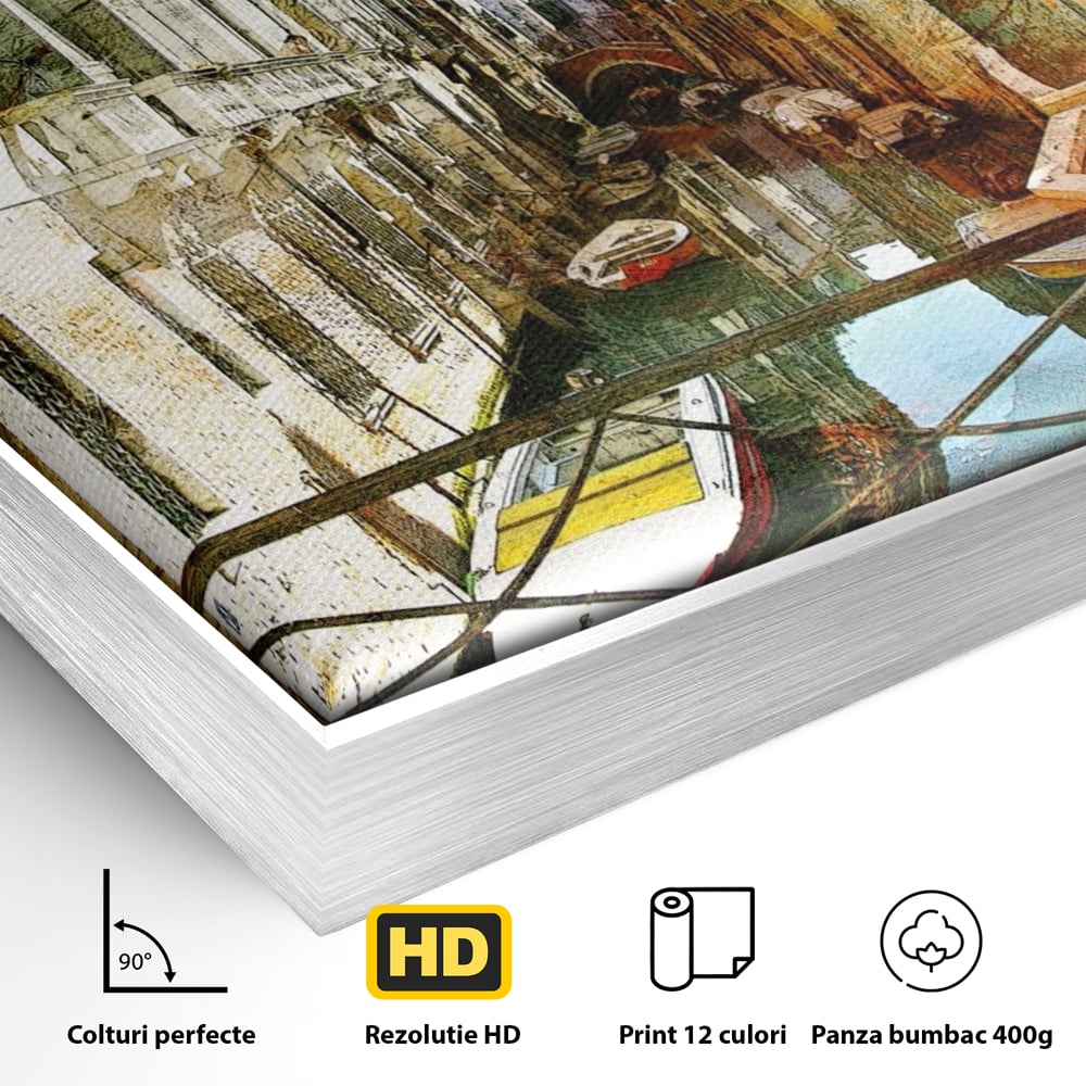 Detaliu al suprafetei: tablou canvas cu peisaj venetian, in rama de aluminiu argintiu