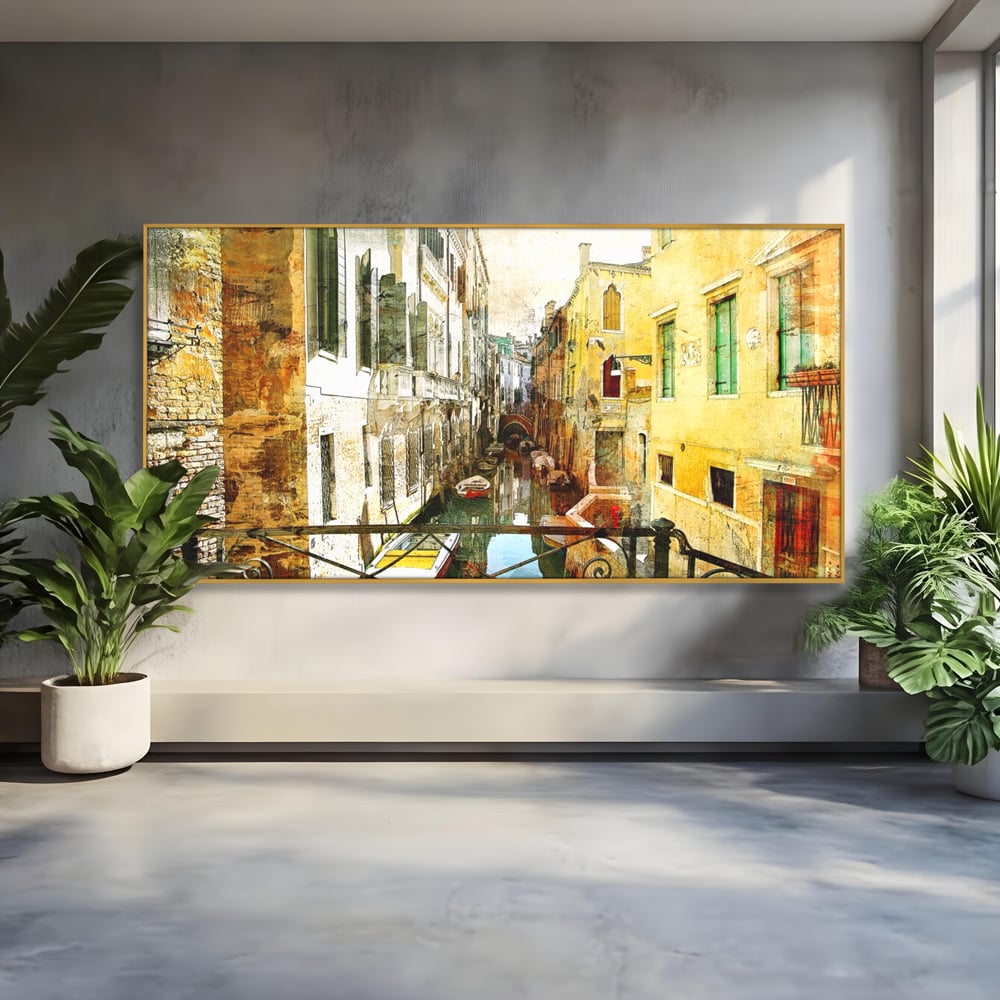 Tablou canvas cu tablou canvas cu peisaj venetian, in rama de aluminiu auriu