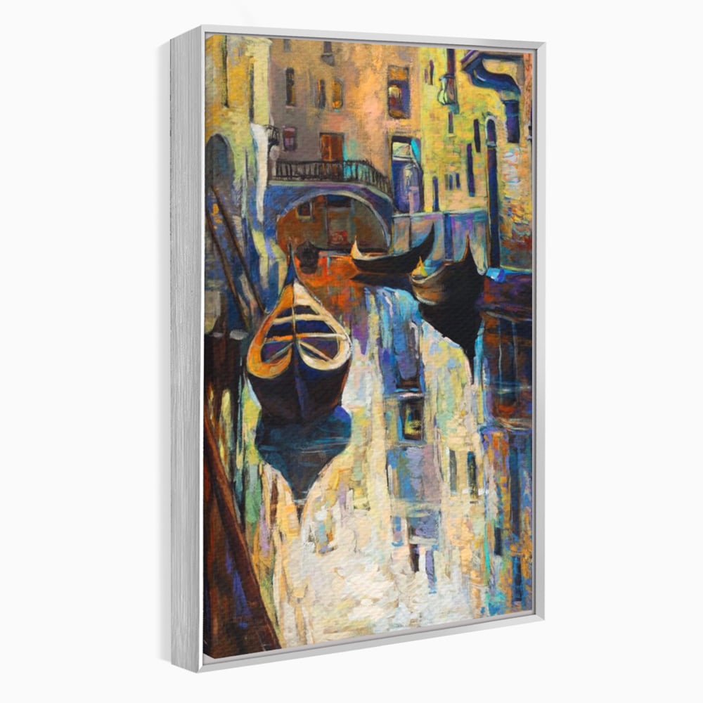 Tablou canvas cu pictura canvas cu gondole in venetia, in rama de aluminiu argintiu