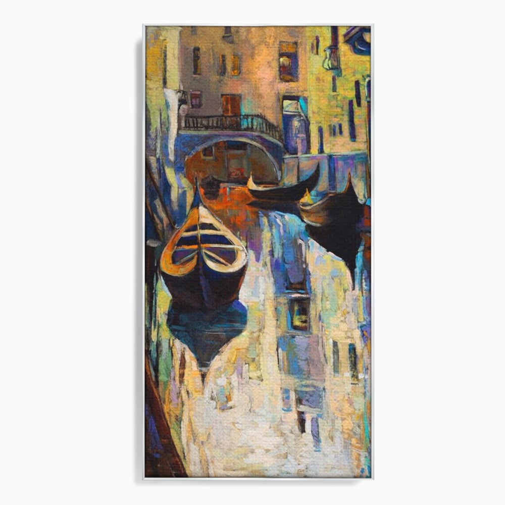Tablou canvas cu pictura canvas cu gondole in venetia, in rama de aluminiu argintiu