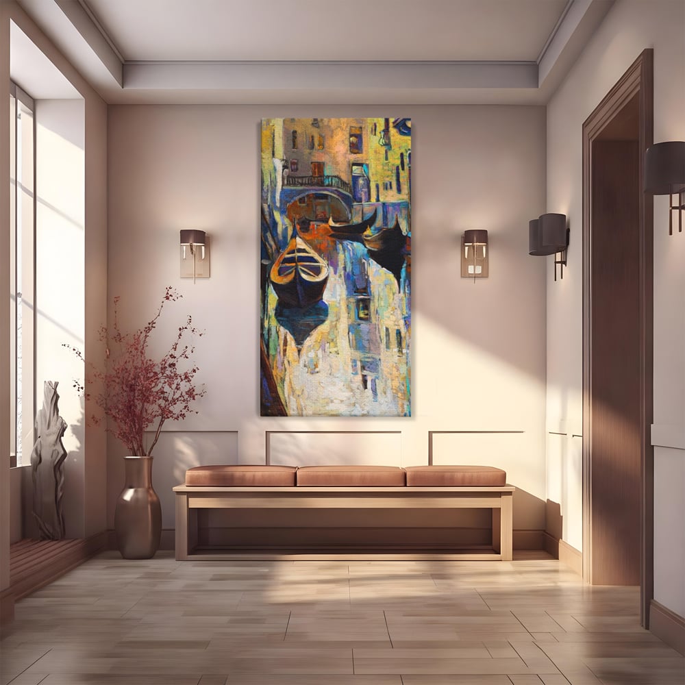 Tablou canvas cu pictura canvas cu gondole in venetia, fara rama, pe sasiu de lemn