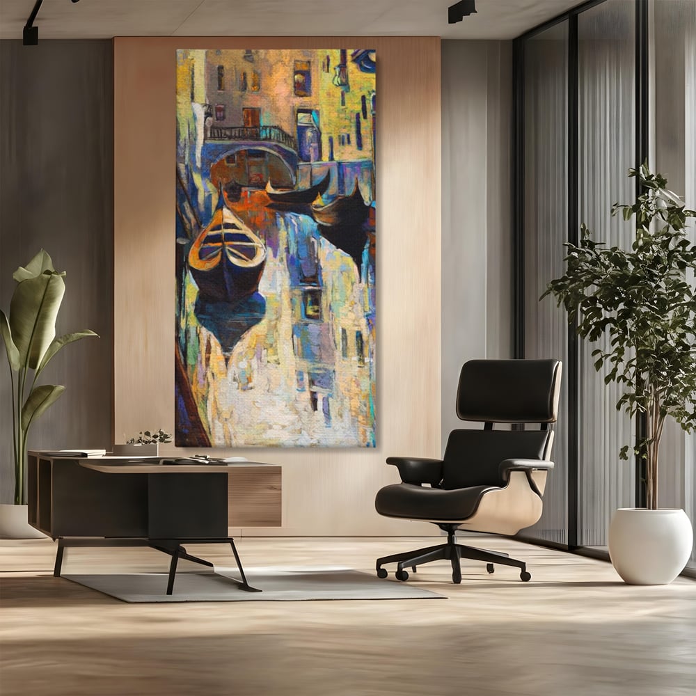Tablou canvas cu pictura canvas cu gondole in venetia, fara rama, pe sasiu de lemn, pe perete intr-un birou