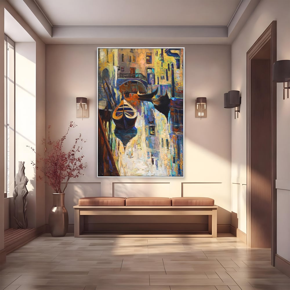 Tablou canvas cu pictura canvas cu gondole in venetia, in rama de aluminiu argintiu