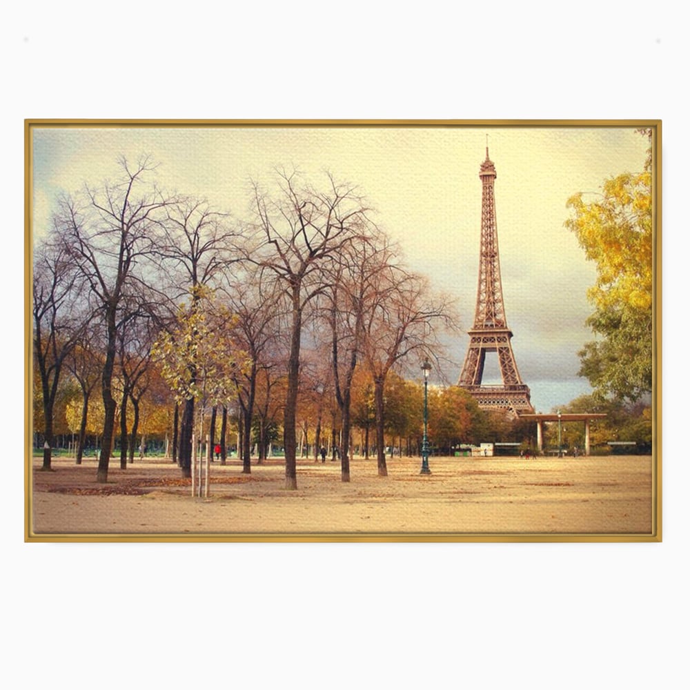 Tablou canvas cu tablou canvas cu turnul eiffel toamna, in rama de aluminiu auriu