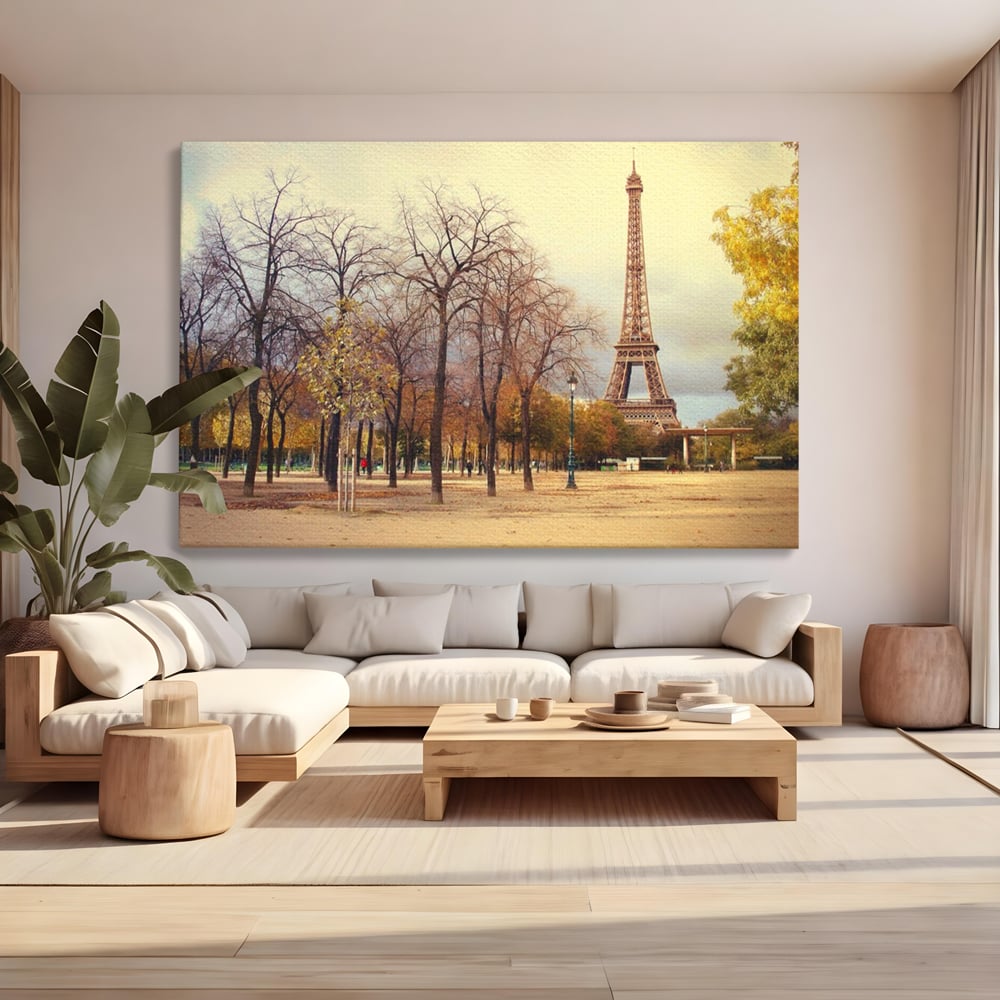 Tablou canvas cu tablou canvas cu turnul eiffel toamna, fara rama, pe sasiu de lemn, pe perete intr-un living