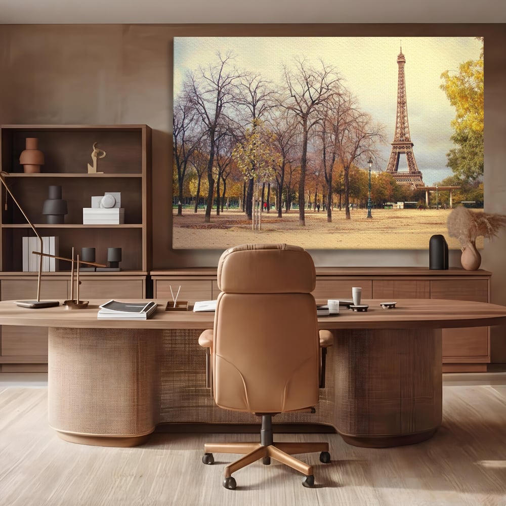 Tablou canvas cu tablou canvas cu turnul eiffel toamna, fara rama, pe sasiu de lemn, pe perete intr-un birou