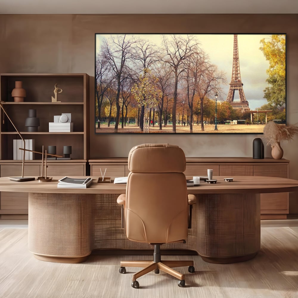 Tablou canvas cu tablou canvas cu turnul eiffel toamna, in rama de aluminiu negru, pe perete intr-un birou