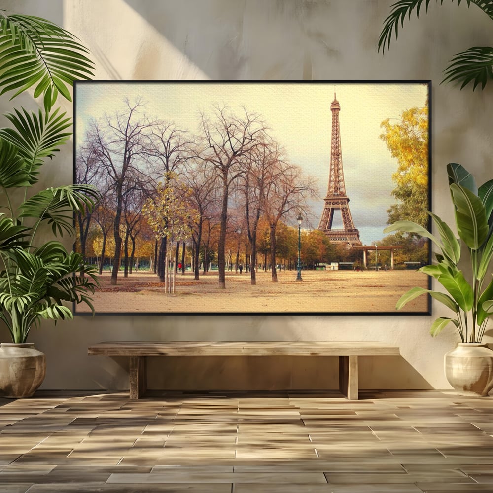 Tablou canvas cu tablou canvas cu turnul eiffel toamna, in rama de aluminiu negru