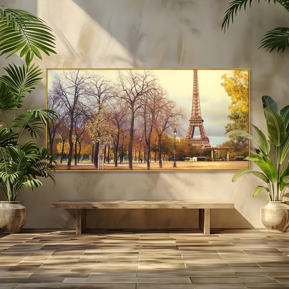 Tablou canvas cu tablou canvas cu turnul eiffel toamna, in rama de aluminiu auriu