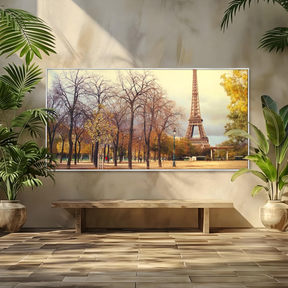 Tablou canvas cu tablou canvas cu turnul eiffel toamna, in rama de aluminiu argintiu