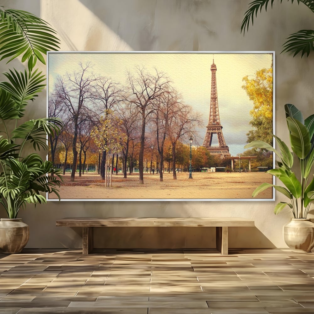 Tablou canvas cu tablou canvas cu turnul eiffel toamna, in rama de aluminiu argintiu