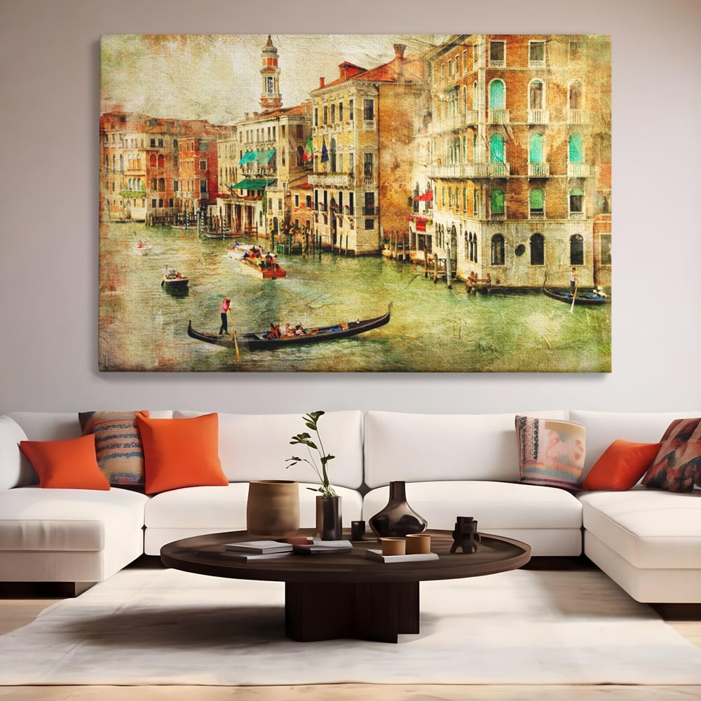 Tablou canvas cu tablou pictura canal venetia, fara rama, pe sasiu de lemn, pe perete intr-un living