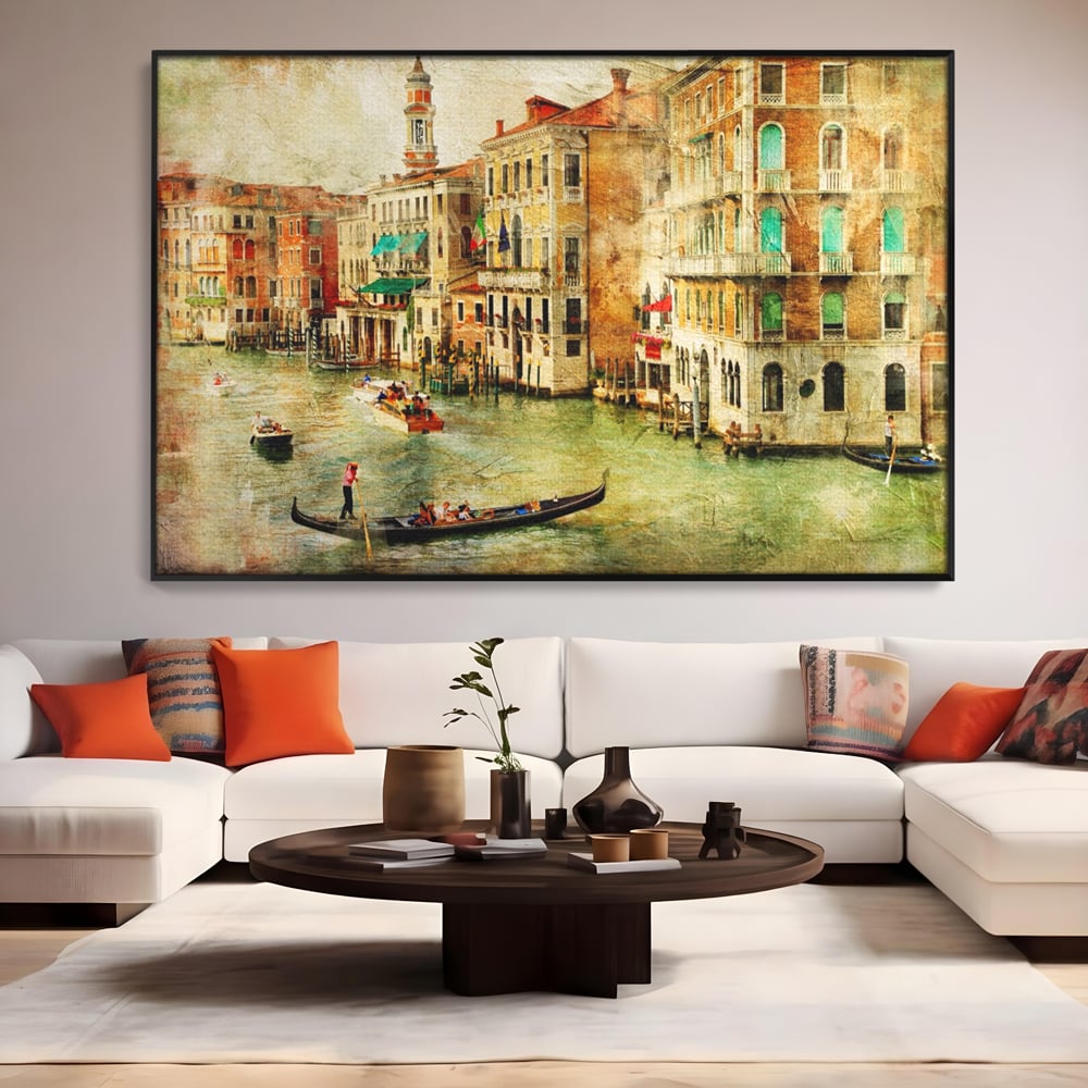 Tablou canvas cu tablou pictura canal venetia, in rama de aluminiu negru, pe perete intr-un living