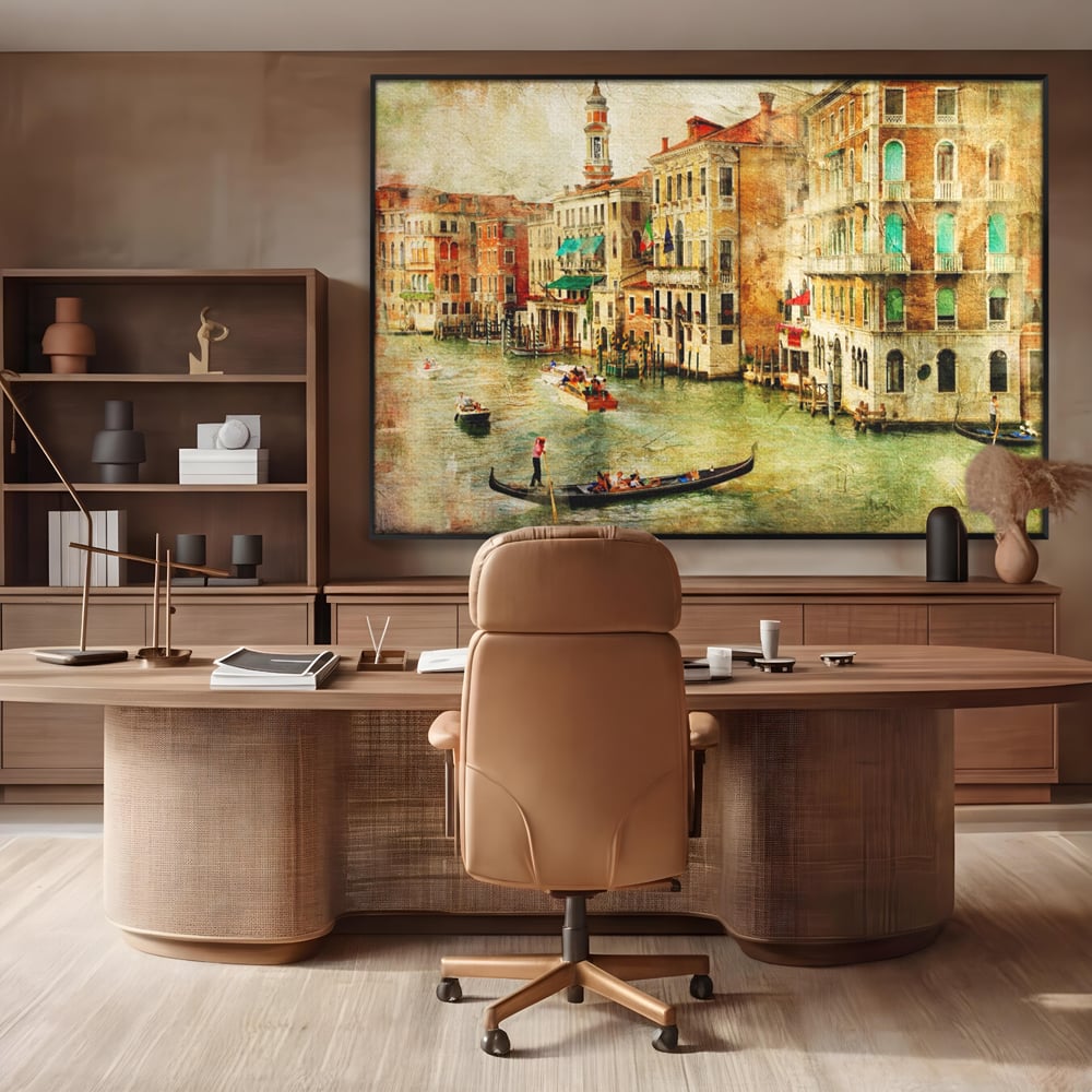 Tablou canvas cu tablou pictura canal venetia, in rama de aluminiu negru, pe perete intr-un birou