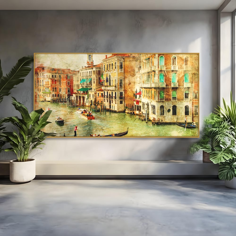 Tablou canvas cu tablou pictura canal venetia, in rama de aluminiu auriu