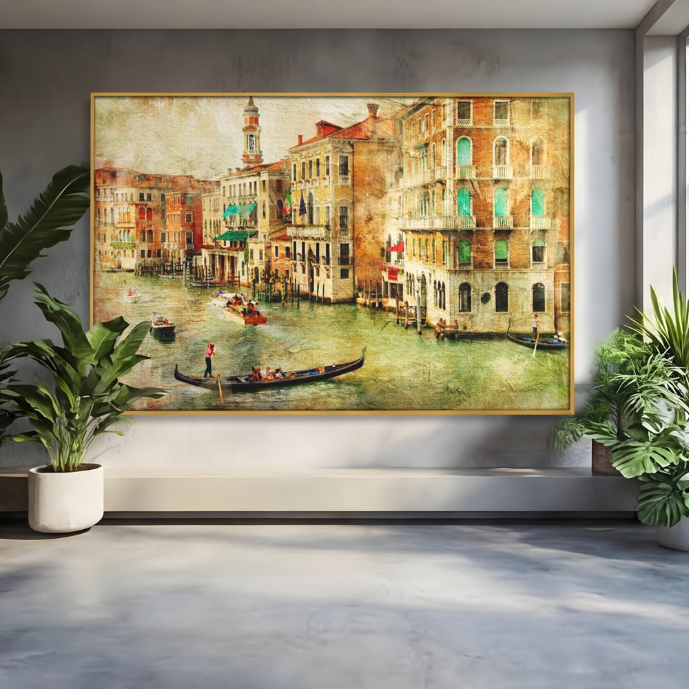 Tablou canvas cu tablou pictura canal venetia, in rama de aluminiu auriu