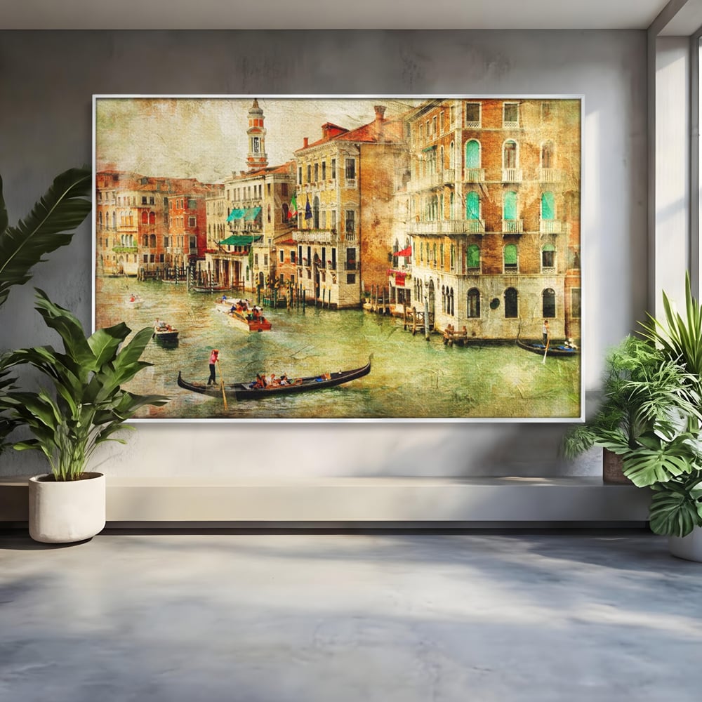 Tablou canvas cu tablou pictura canal venetia, in rama de aluminiu argintiu