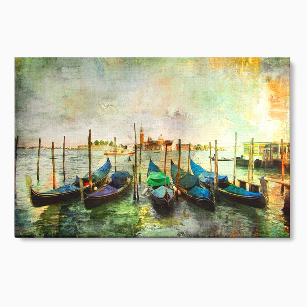 Tablou canvas cu pictura orizontala cu gondole in venetia, fara rama, pe sasiu de lemn